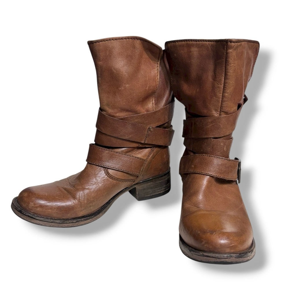 STEVE MADDEN Brewzzer Cognac Leather Belted Mid-Calf Moto Boots Size 7 - Picture 2 of 12